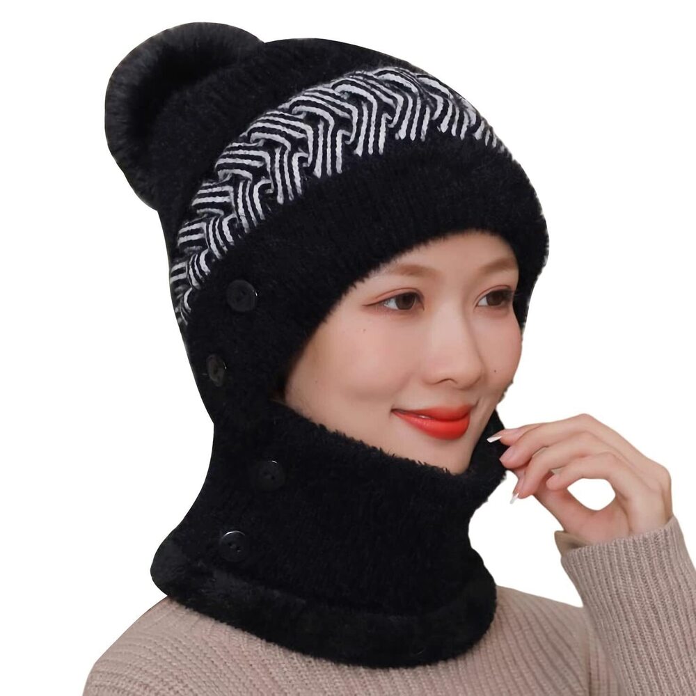 4195 Winter Knit Beanie Hats One Piece Fleece Lined Knit Balaclavas Mask